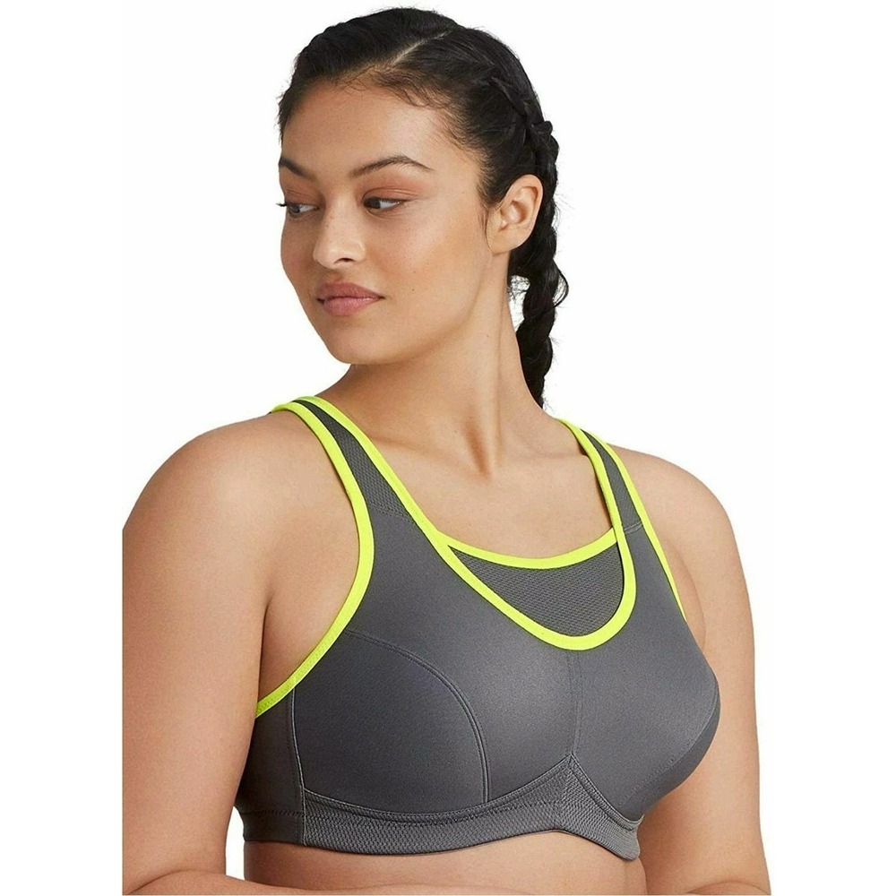 Glamorise Sport Bra Gray Neon Yellow‎ Full Support Wireless Racerback Size 36DD